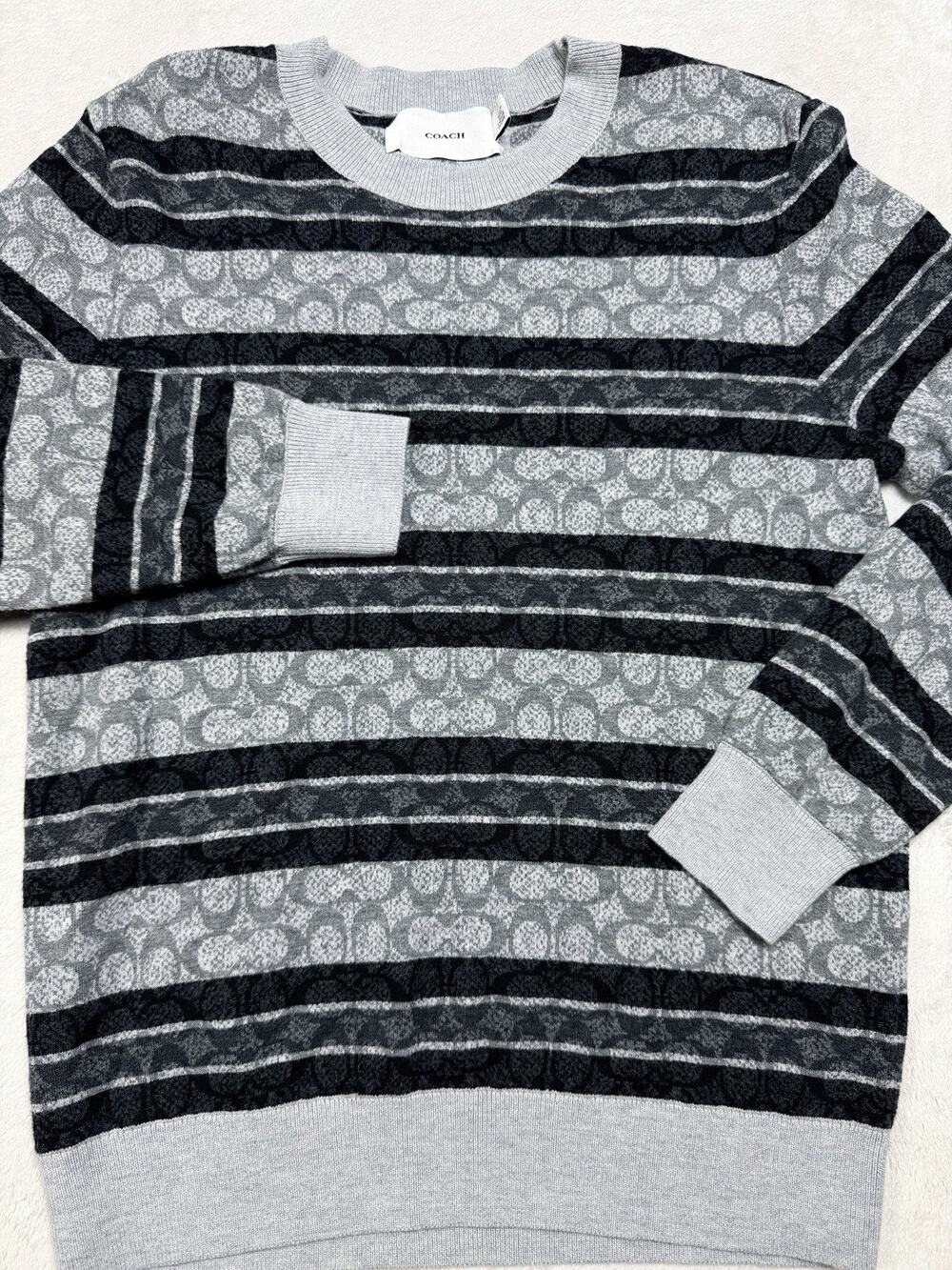 Coach Men Signature C Monogram Stripe Sweater Grey Black Jacquard Knit Sz Small